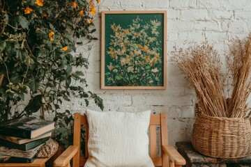 A thoughtfully arranged wicker chair and floor vases sit beside a white wall adorned with a blank mockup poster frame, epitomizing the bohemian style of a contemporary living room