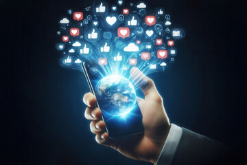 A hand holding a smartphone with various social media reaction icons like likes and hearts emerging from the screen
