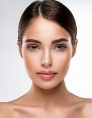 Obraz premium 肌の綺麗な白人女性の顔のクローズアップ。白い背景。AIで生成 