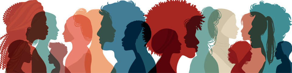 Silhouette profile group of men and women of diverse culture. Diversity equality inclusion belonging. DEIB. Crowd of multicultural people