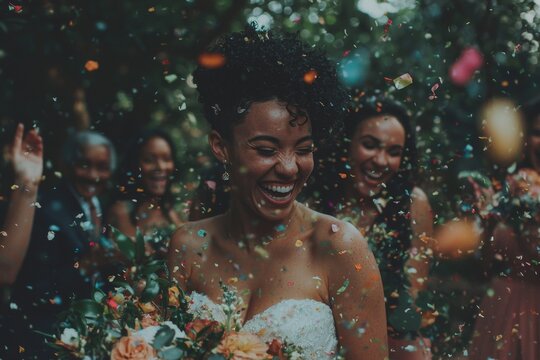 Two happy lesbian brides, filled with joy and love, are surrounded by flowers as they share a tender hug on their wedding day, embodying the idea of same-sex marriage, homosexuality, and the power of