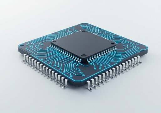 High-tech microchip with glowing circuits isolated on white background