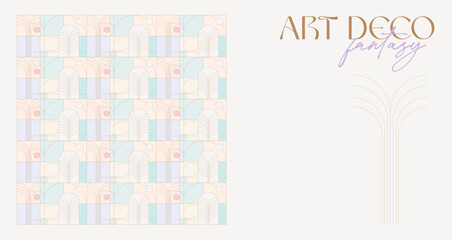 Art Deco stylization - fully editable image of a seamless pattern of linear geometric shapes on a colored background with text. For branding,advertising,covers,wedding design. Vector