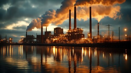 Naklejka premium industrial factory at night polluting the air near a river