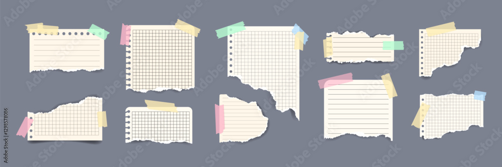 Poster collection of realistic ripped notebook pages with torn edges. note paper fixed in sticky adhesive t