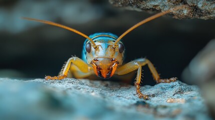 Fototapeta premium Close-up of a vibrant insect on a rock, showcasing intricate details and vivid colors.