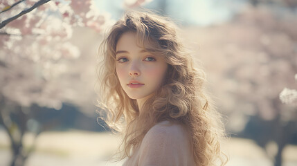 Naklejka premium Young woman with long curly blonde hair standing in a field of blooming sakura trees, surrounded by soft natural light, evoking the beauty and tranquility of spring.