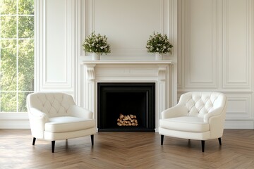 Fototapeta premium Elegant living room with two white chairs and a fireplace in a bright, spacious environment