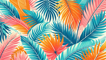 Vibrant tropical leaves illustration with contrasting colors on a bright background