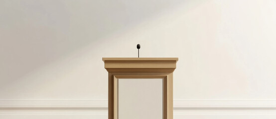 A wooden podium with a microphone sits against a white wall, ready for speeches or presentations in a simple, elegant environment