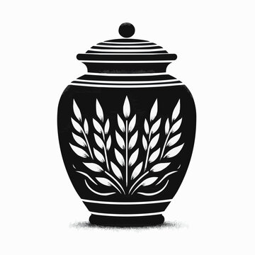 Elegant black and white urn silhouette for ashes with leaf design on a light background
