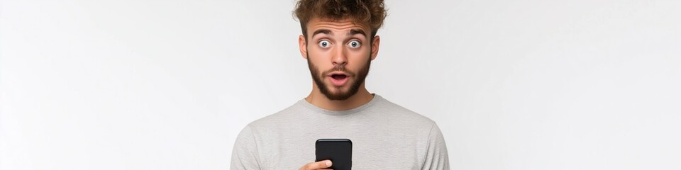 Obraz premium A man with a surprised expression is holding a cell phone. Concept of excitement or curiosity