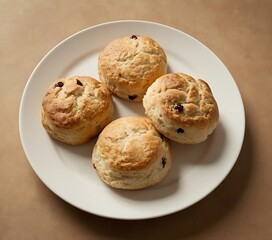 freshly baked scones on a plain white plate. No additional elements, just the scones and the plate, presented in a clean, minimalistic style. cookie, food, homemade, plate, snack, baked, cake,35