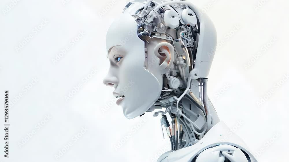 Poster portrait of a woman symbolically turning into virtual human, virtual character, or digital clone, us