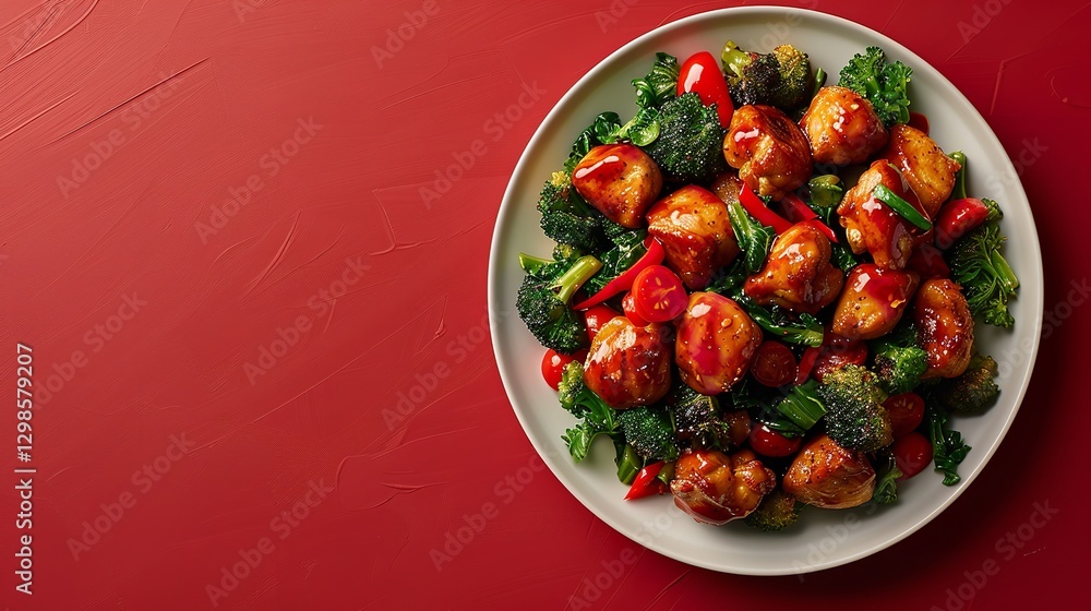 Poster a single serving of bourbon chicken with broccoli in close-up on a spotless dark red backdrop with r