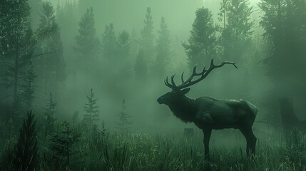 Majestic elk silhouetted against a misty forest, a serene and mysterious scene.