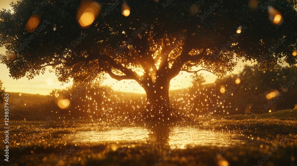 Poster golden sunlight filters through leaves of a majestic tree reflecting on water surface during a peace