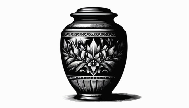 Elegant black and white urn for ashes with floral patterns on a light background
