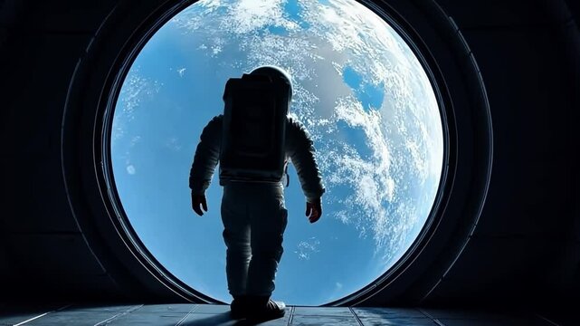 Astronaut's View: A silhouetted astronaut gazes out at the breathtaking view of Earth from a spacecraft's porthole, the vastness of space enveloping them in a moment of profound contemplation.