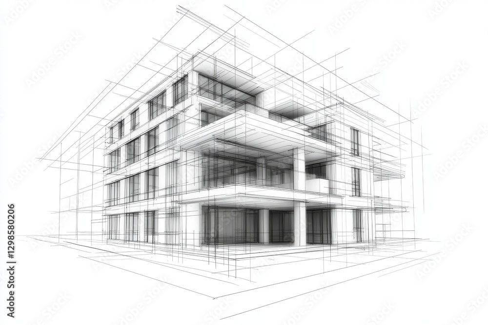 Poster modern building construction is showcased from a design perspective, with a simple line drawing and 