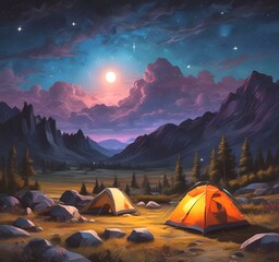 Illustration of tent camping in wild.