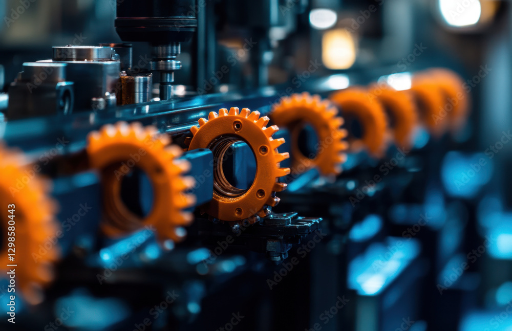 Poster orange gears rotate on a production line, showcasing the efficiency of automated machinery in a manu