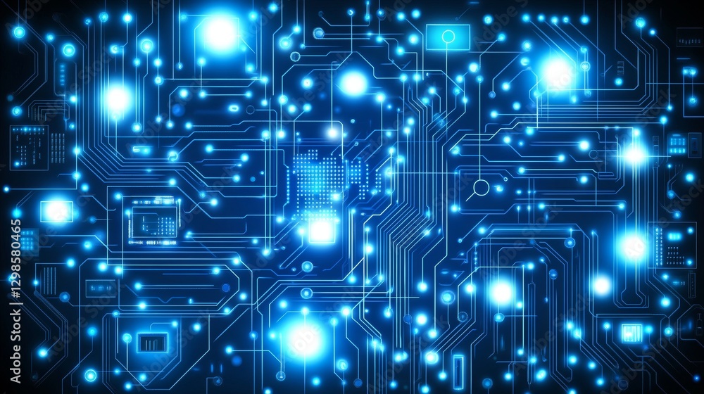 Poster glowing blue circuit board abstract technology background with interconnected nodes and data flow