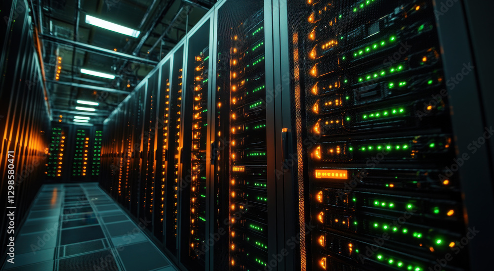 Poster a row of sleek supercomputer server racks is illuminated by vibrant orange and green lights in a hig