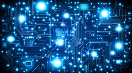 Glowing Blue Circuit Board Abstract Technology Background with Interconnected Nodes and Data Flow
