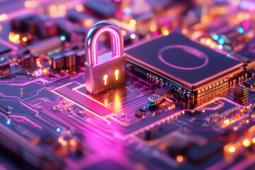 Cybersecurity concept with glowing digital locks interconnected by encrypted binary data streams, symbolizing the protection of personal and financial information online