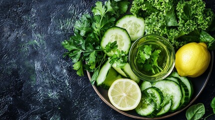 Obraz premium Cucumber, lemon, and herbs in water jar symbolize refreshing hydration.