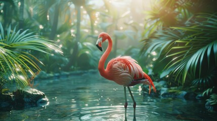 Fototapeta premium Pink flamingo standing in tropical pond, surrounded by lush green foliage.