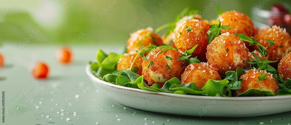 Poster spherical platter of bacon ranch cheese balls with sauce and herbs over a lively green setting tiny 