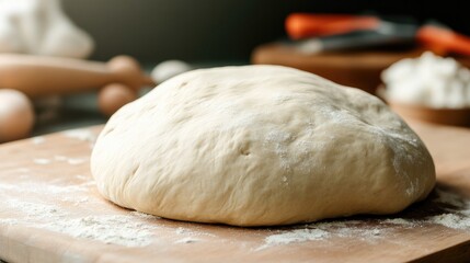 Obraz premium Dough resting on wooden surface, surrounded by baking tools and