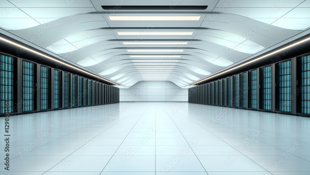 Poster the data center room features a connection network in servers along with multiple rows of fully oper