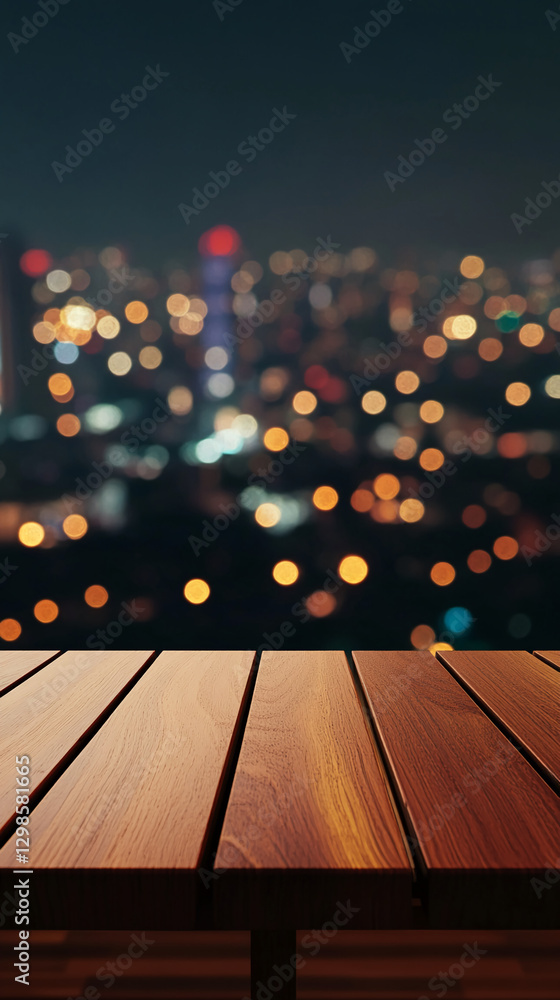 Poster Wooden table with a blurred city lights bokeh background, creating a cozy and warm atmosphere, ideal for product display or mockup use.