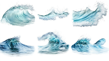 Set of clear sea water waves, isolated on a white background