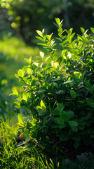 Lush Green Shrub in a Well-Maintained Garden Reflecting Sunlight