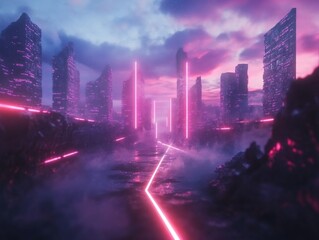 Fototapeta premium cybernetic neon fractal landscape glowing geometric structures --ar 4:3