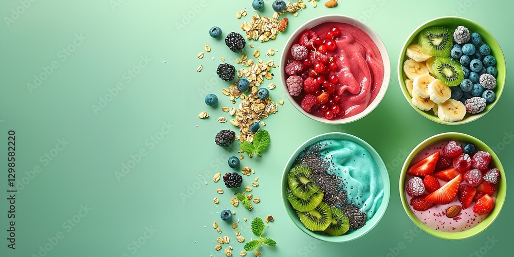 Poster a close-up and aerial view of a vibrant array of nutritious smoothies and yogurt bowls with granola 