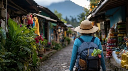 Obraz premium traveler with backpack walking through village