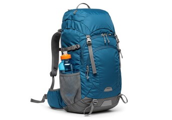 A blue and gray hiking backpack with a water bottle in the side pocket isolated on white background