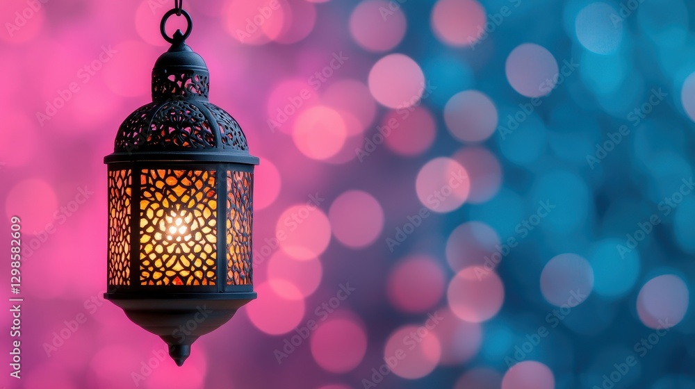Poster vibrant mosaic lantern with light on a colorful bokeh background
