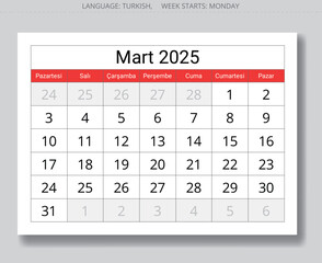 Page of Turkish calendar for march 2025 - takvim mart. Vector illustration winter month for Turkey