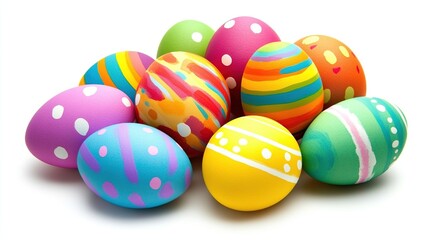 Fototapeta premium Colorful Easter eggs with stripes and dots on white background, super realistic