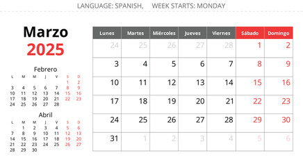 2025 Spanish march calendar - month marzo. Vector illustrations spring month for Spain