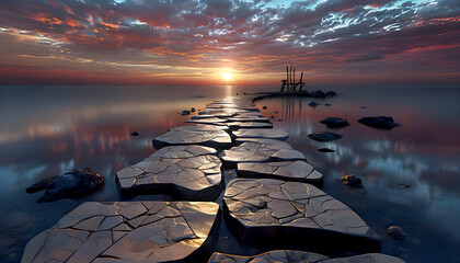 Futuristic Sunset Over Mosaic Pathway By Tranquil Waters