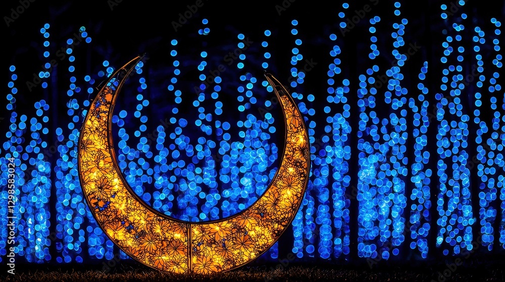 Poster glowing lantern inside large crescent moon with blue bokeh background