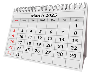 March 2025 calendar. Page of annual business desk month spring calendar isolated on transparent png