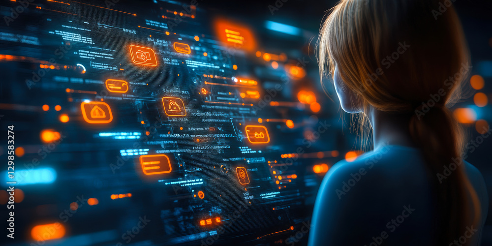Poster future technology user interface with holographic digital display interacting with human for efficie